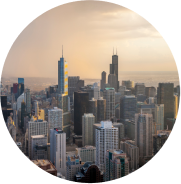 a smoggy downtown cityscape