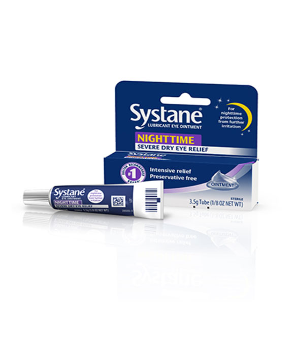 Systane Nighttime Severe Dry Eye Relief Eye Ointment tube and product box by Alcon