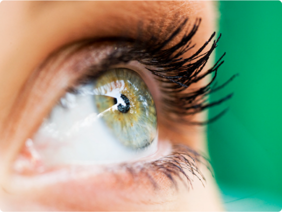 Gros plan d’un œil vert regardant vers le haut.