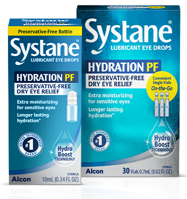Two Product boxes for Systane Hydration Preservative-free (PF) lubricant dry eye relief drops 10 ml multidose bottle and 30 single-dose vials by Alcon