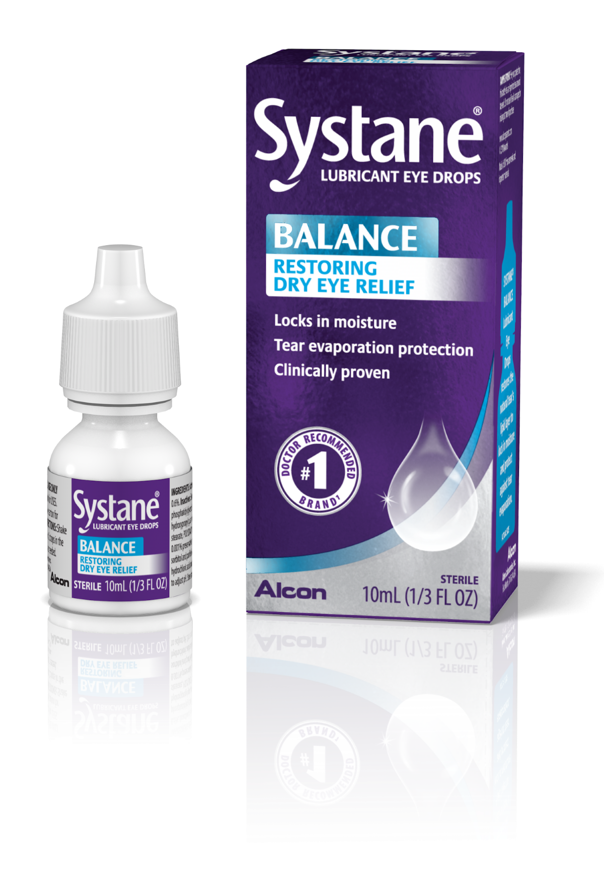 Systane Balance Restoring Dry Eye Relief Lubricant Eye Drops vial carton and product box by Alcon