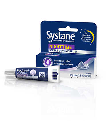 Systane Nighttime Severe Dry Eye Relief Eye Ointment tube and product box by Alcon