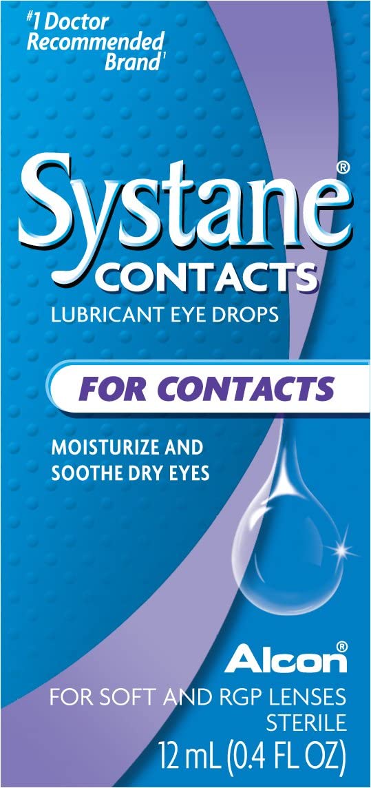 Systane Contacts Lubricant Eye Drops product box by Alcon, #1 Doctor Recommended Brand