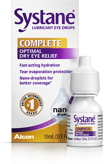 Systane Complete lubricant dry eye relief eye drops products box and vial carton by Alcon