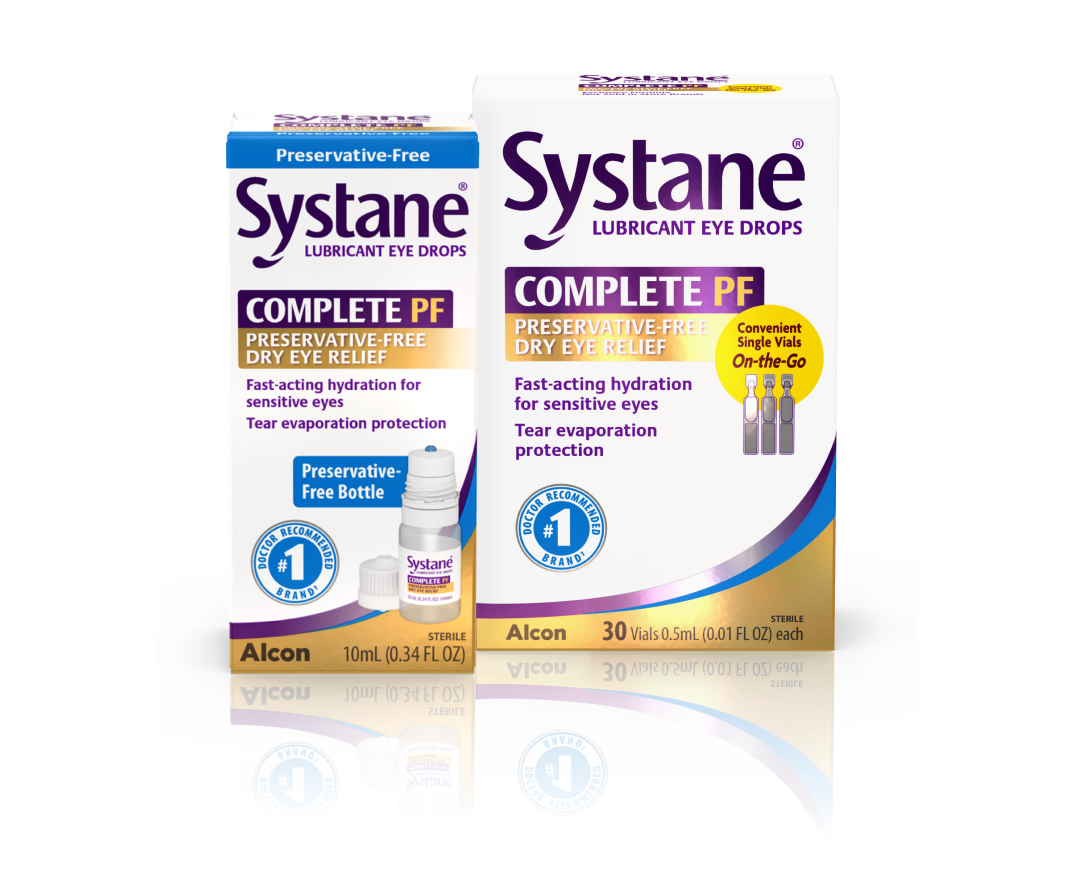 Two Product boxes for Systane Complete Preservative-free (PF) lubricant dry eye relief  drops 10 ml multidose bottle and 30 single-dose vials by Alcon