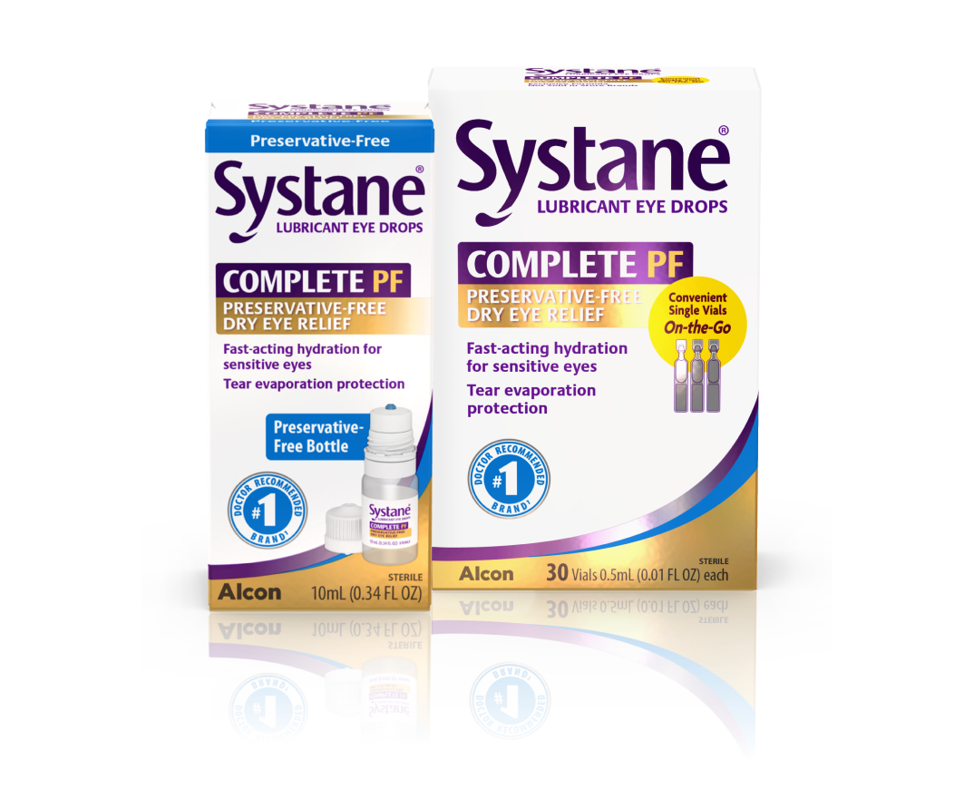 Two Product boxes for Systane Complete Preservative-free (PF) lubricant dry eye relief  drops 10 ml multidose bottle and 30 single-dose vials by Alcon
