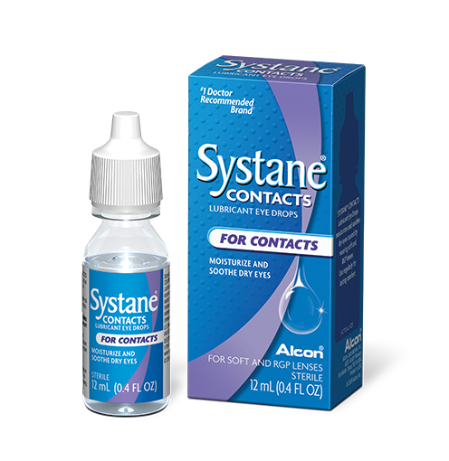 Systane Contacts Rewetting Lubricant Eye Drops vial and product box by Alcon, #1 Doctor Recommended Brand