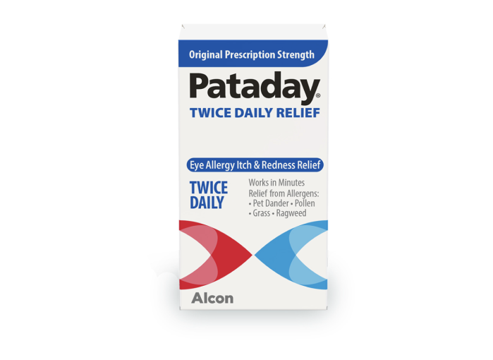Pataday Twice Daily Relief Original Prescription Strength eye allergy itch and redness relief. Works in minutes for relief from allergens like pet dander, pollen, grass, and ragweed.