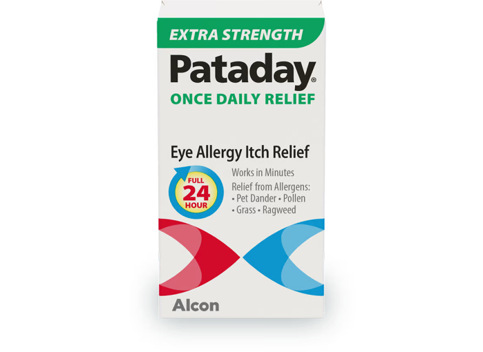 Pataday Once Daily Relief Extra Strength eye allergy itch relief. Works in minutes for 24-hour relief from allergens like pet dander, pollen, grass, and ragweed.