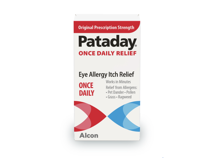 Pataday Once Daily Relief Original Prescription Strength eye allergy itch relief. Works in minutes for 24-hour relief from allergens like pet dander, pollen, grass, and ragweed.