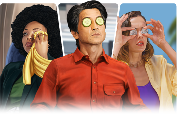 a woman rubbing her tired eyes, a man with dry eyes and a woman with irritated eyes
