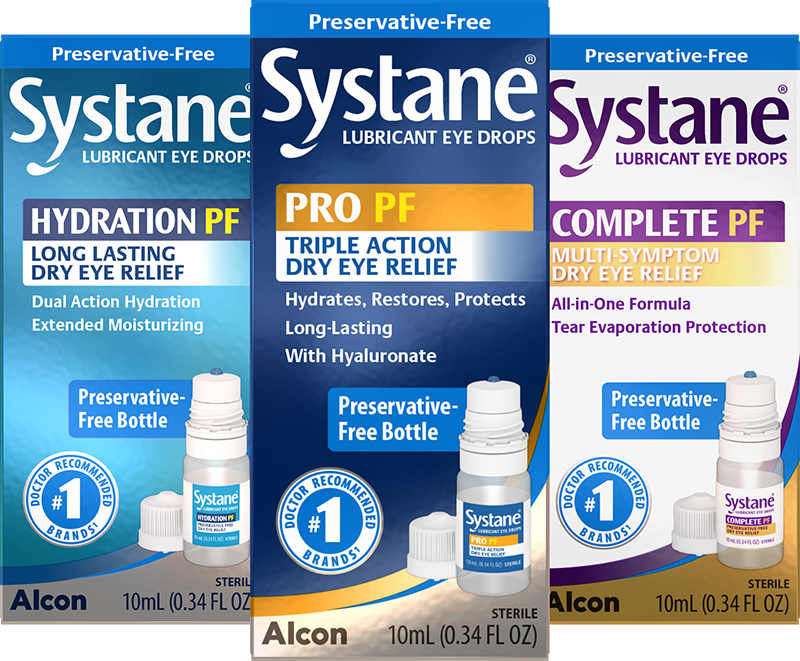 product boxes for Systane Hydration Preservative-Free, Complete Preservative-Free, and Ultra Preservative-Free lubricant dry eye relief drops by Alcon