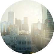 A smoggy downtown cityscape