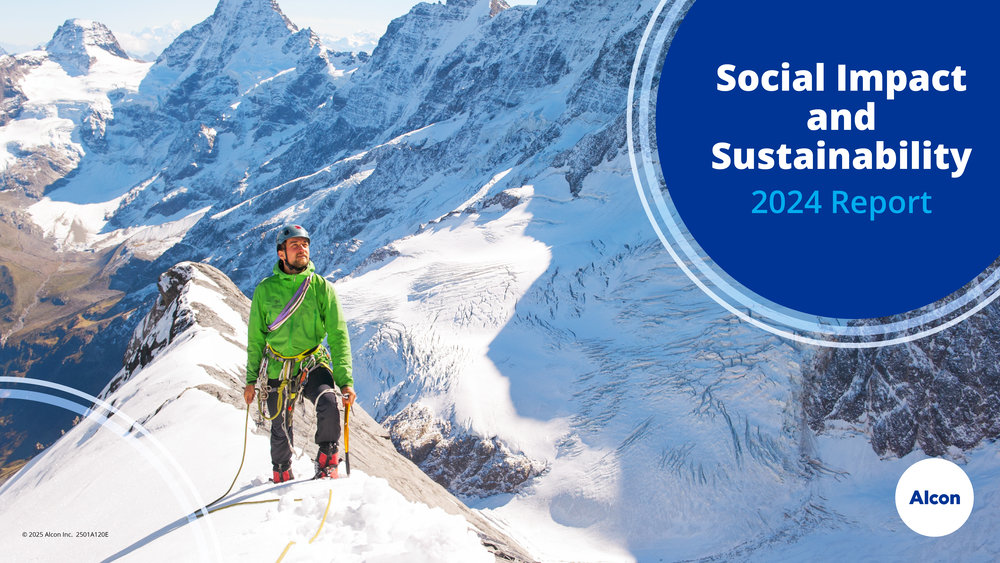 Alcon 2024 Social Impact and Sustainability Report, showing a mountain climber standing on top of a snowy ridge.